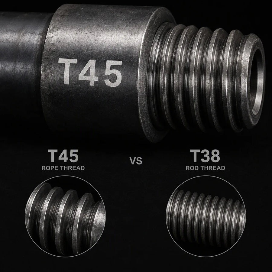 T45 drill rod thread detail larger coarser rope profile macro heavy-wall coupling
