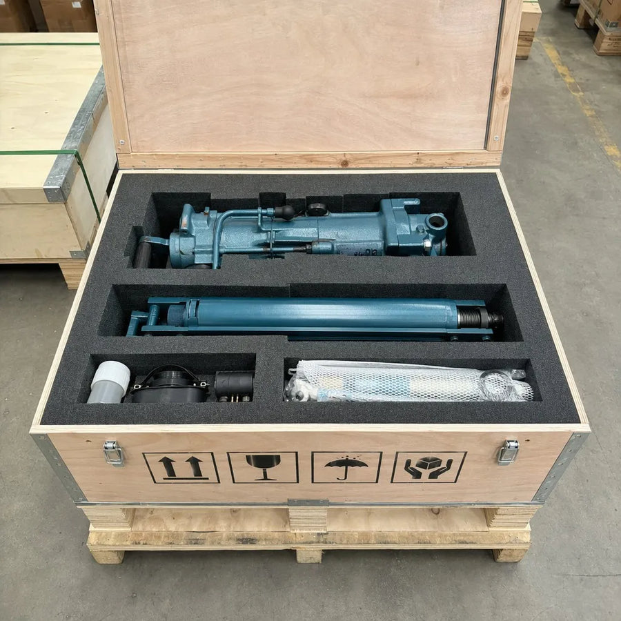 Illustrative export-packing layout for a rock drill and air-leg assembly; included components and packing method are confirmed per quotation.
