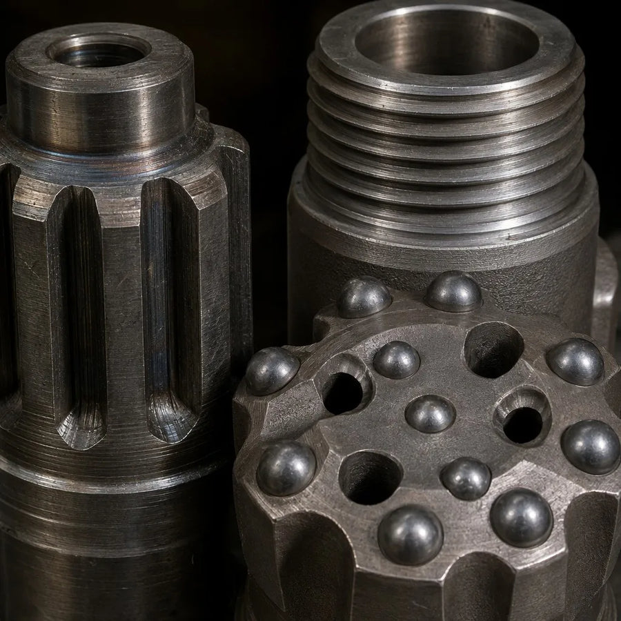CIR90 DTH Hammer detail — close-up of precision-machined splines, carbide button bit face with tungsten carbide inserts, hardened steel contact surfaces