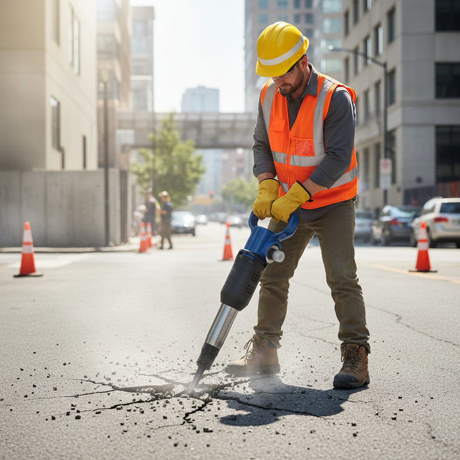 PerfoMax OP-3 pneumatic pick breaker in use on concrete road surface at a work site