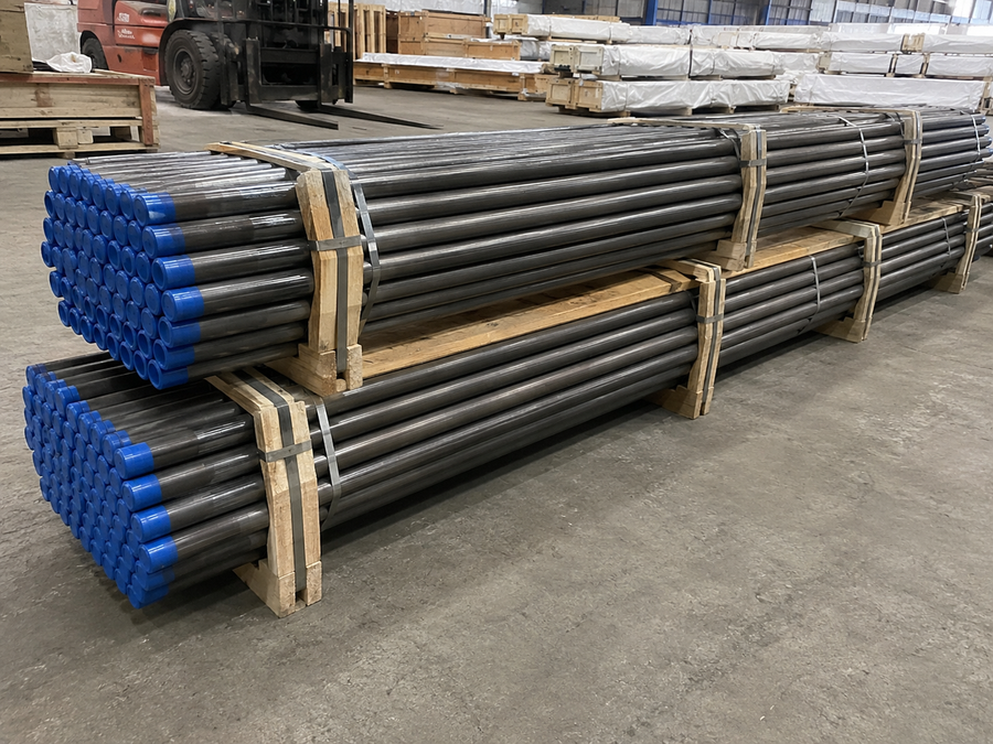 Bundled H22 drill rods prepared for export shipment
