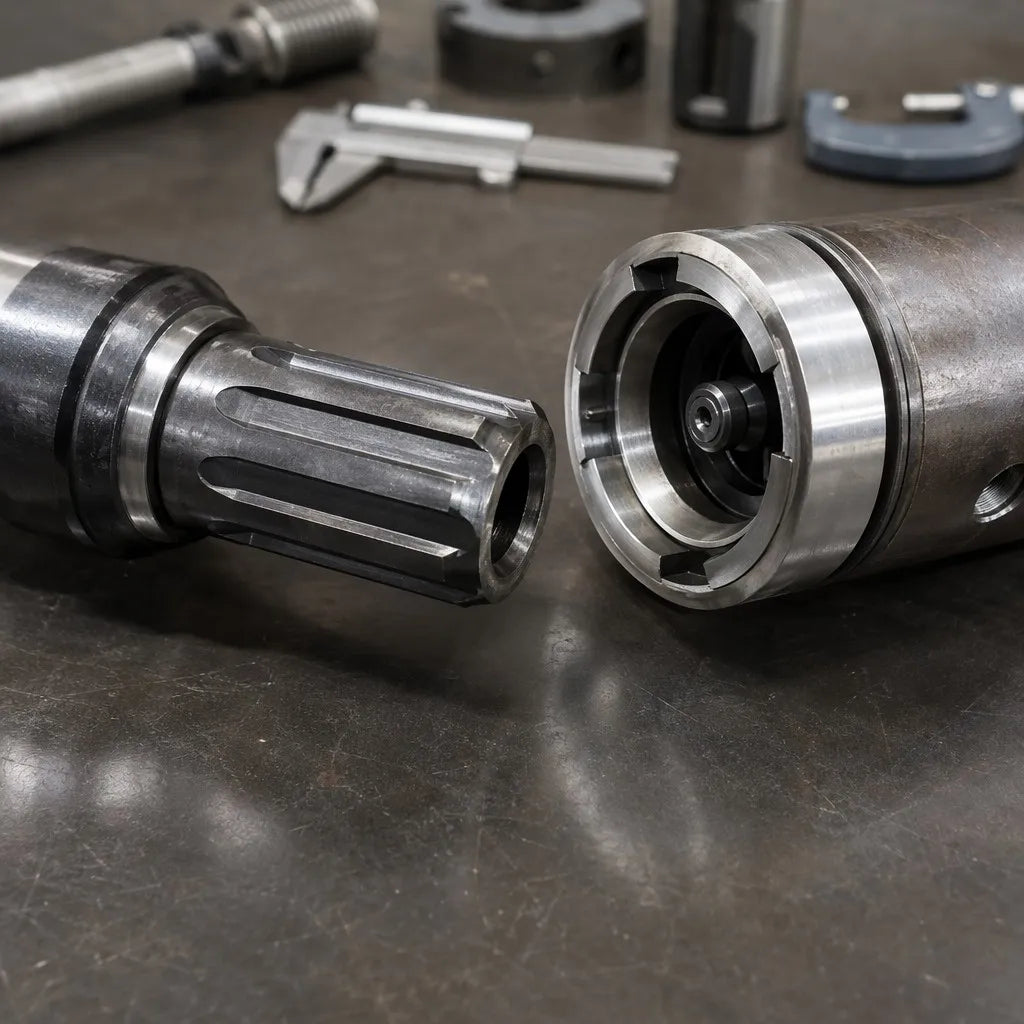 DTH drill bit shank beside matching hammer chuck for pre-shipment compatibility inspection