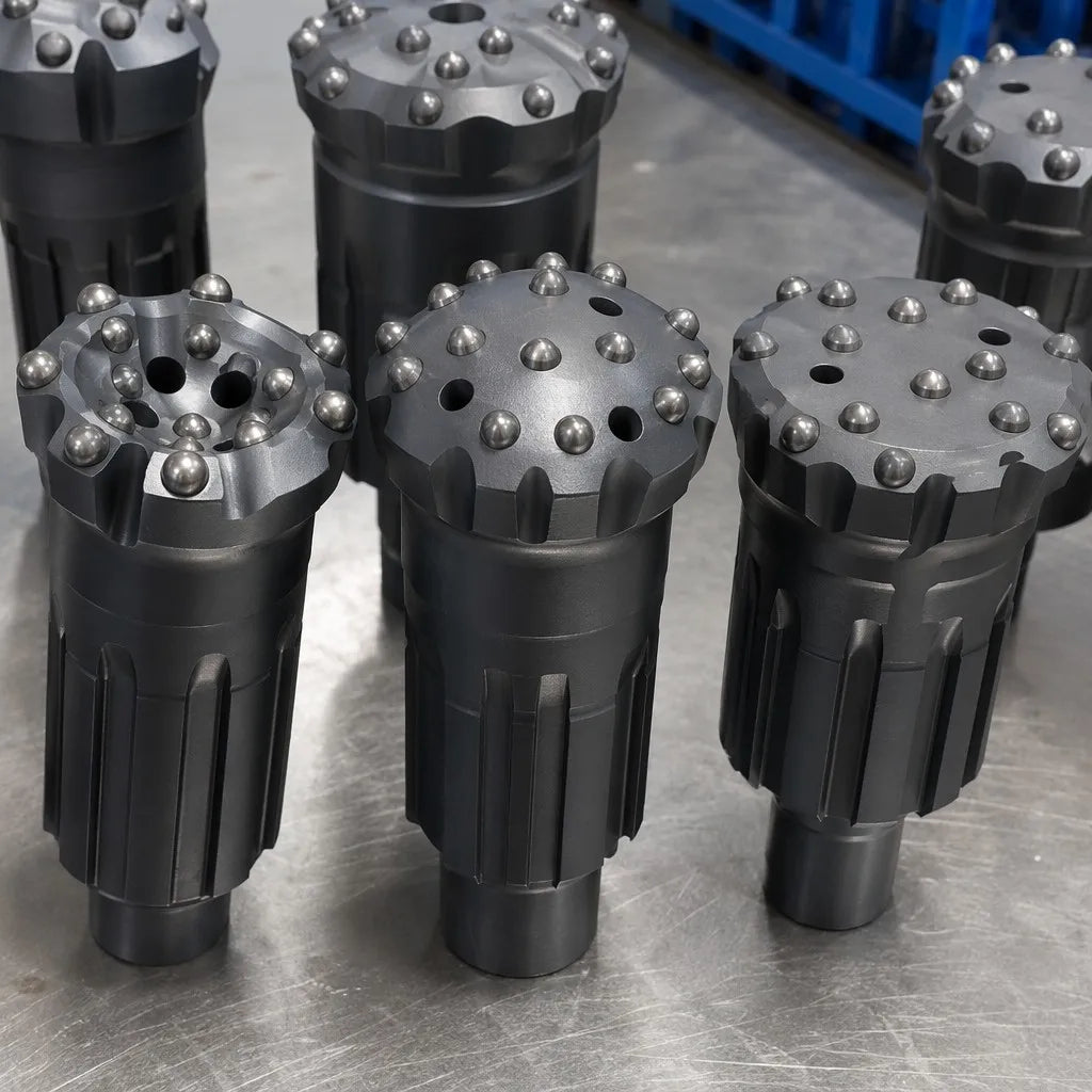 DTH button drill bits showing carbide buttons and flushing holes for failure inspection