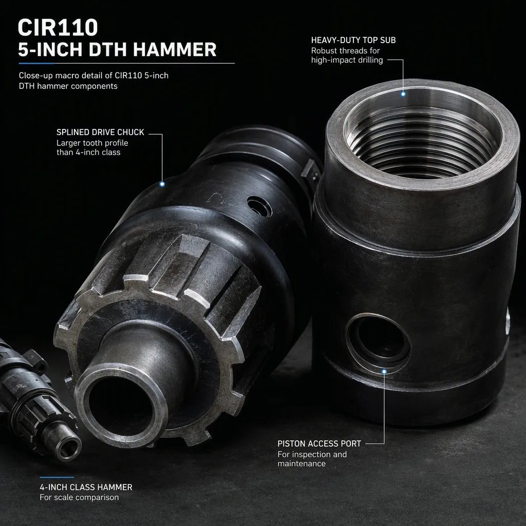Close-up of a DTH hammer chuck and wear-sleeve end for maintenance inspection