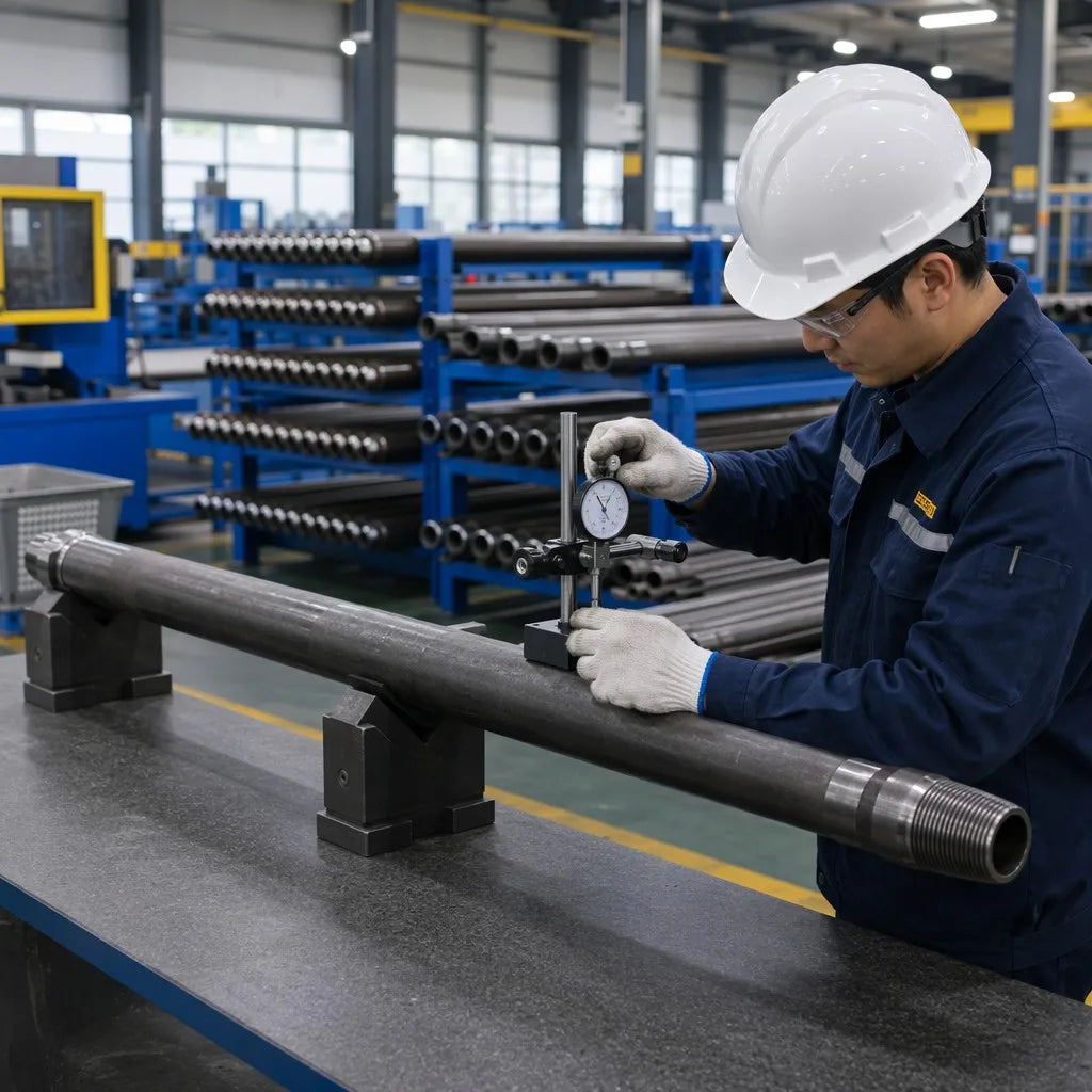 76 mm DTH drill pipe being checked for straightness, runout and thread condition during maintenance
