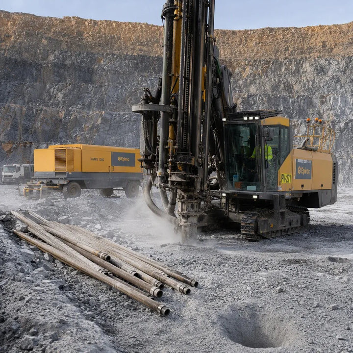 Top-hammer surface drilling rig using T45 drill rods for quarry production blast holes