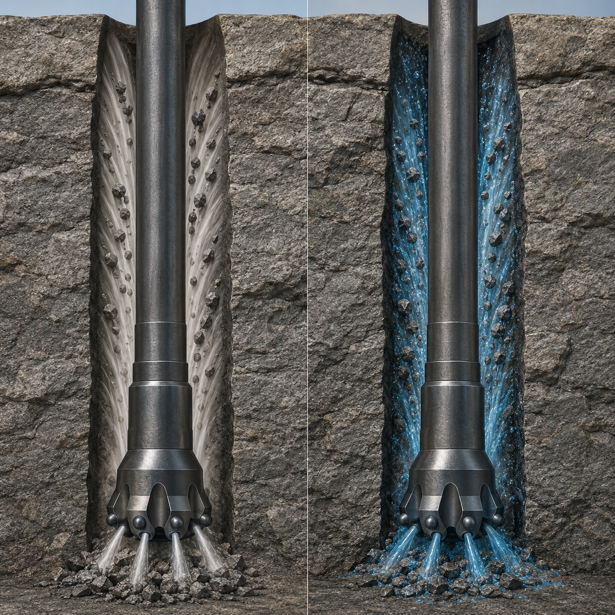 Cutaway comparison of air and water carrying rock cuttings up a borehole annulus