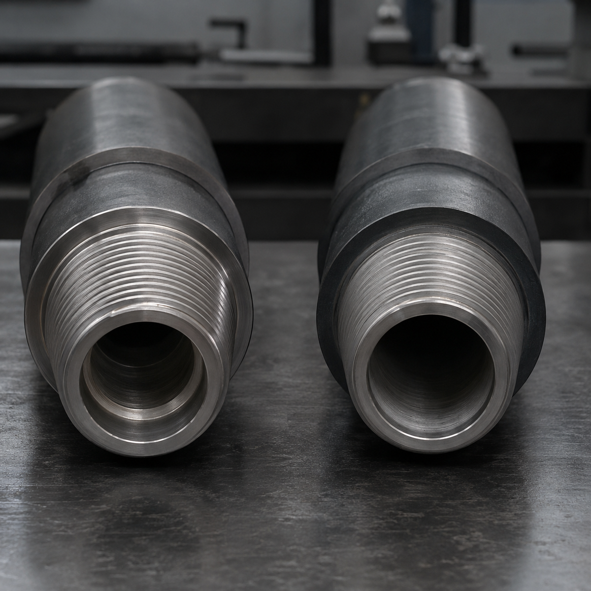 Two DTH drill pipe connections compared on an inspection bench