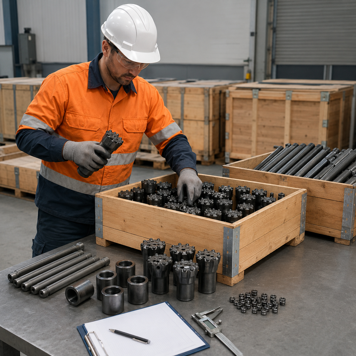 Inspector selecting rock drilling tools for an AQL sampling inspection