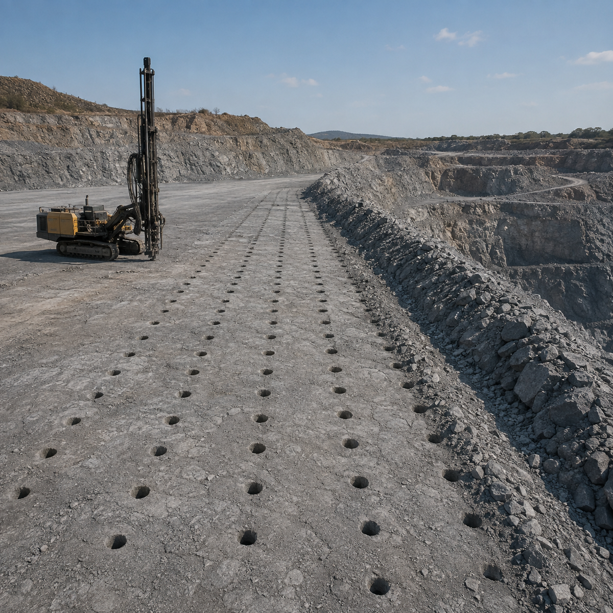 Quarry blast-hole drilling bench with protected crest and orderly hole rows