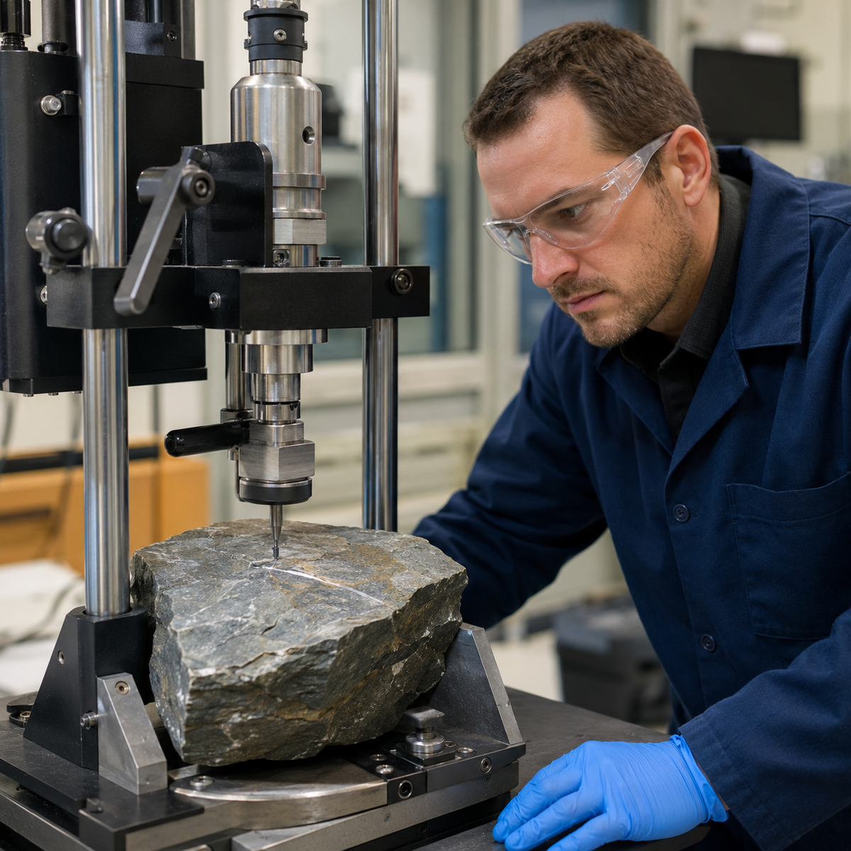 Technician performing a Cerchar abrasivity test on a fresh rock specimen in a laboratory