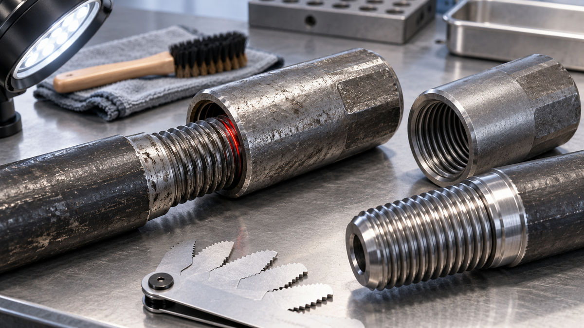 Top-hammer coupling sleeve binding early on a drill rod beside clean known-good comparison parts