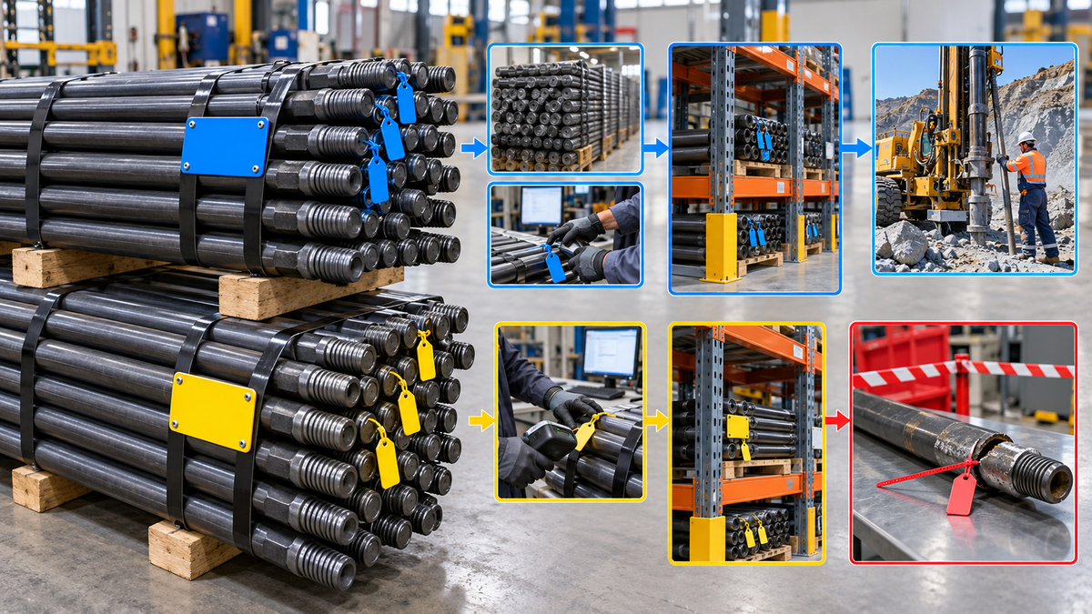 Top-hammer drill rod bundles tracked through receiving, warehouse issue, field use and failure quarantine