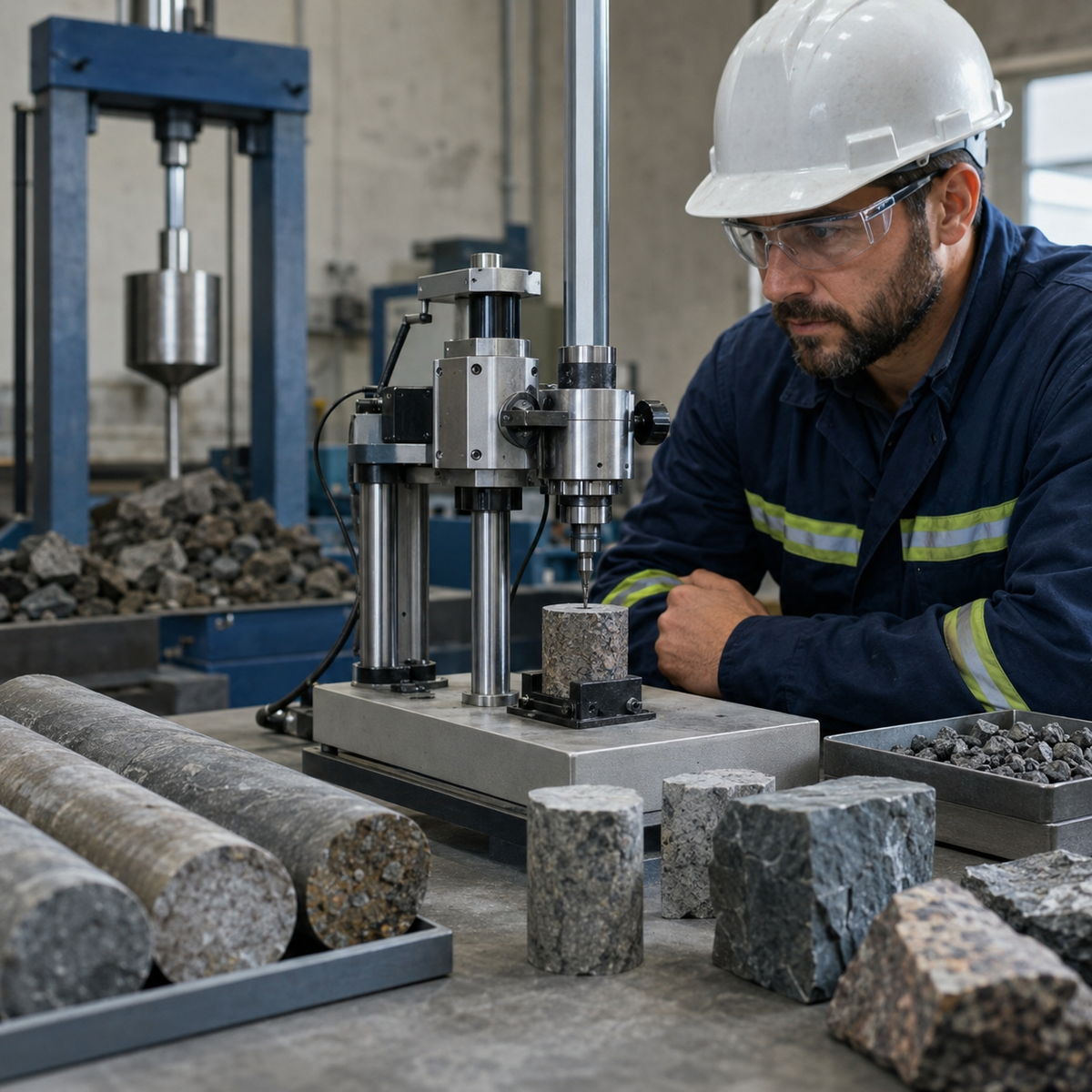 Engineer observing a miniature drilling test on rock samples in a geotechnical laboratory