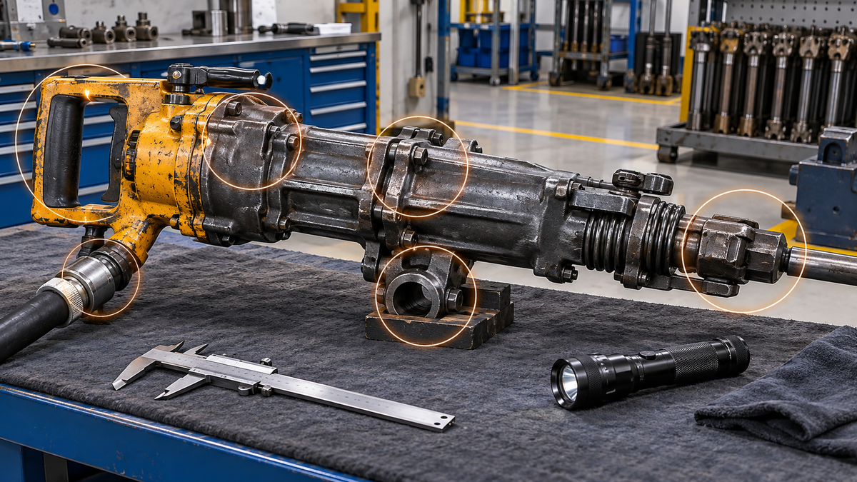Dropped pneumatic rock drill on an inspection bench with impact zones highlighted for service-release assessment