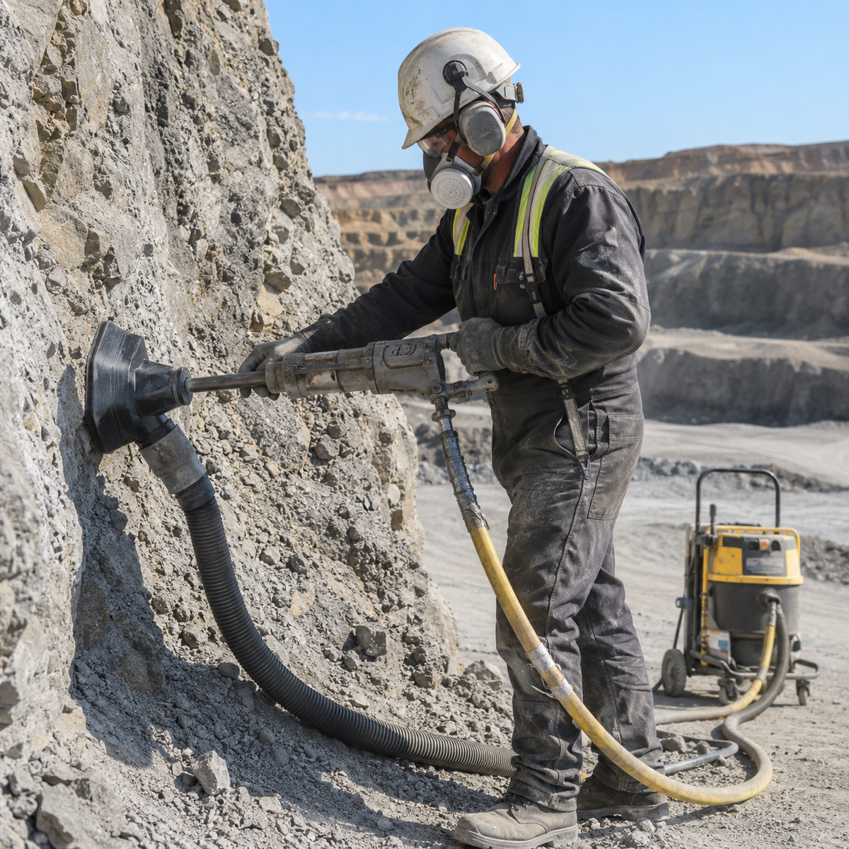 Worker using a pneumatic rock drill with source-capture dust extraction at a dry quarry face