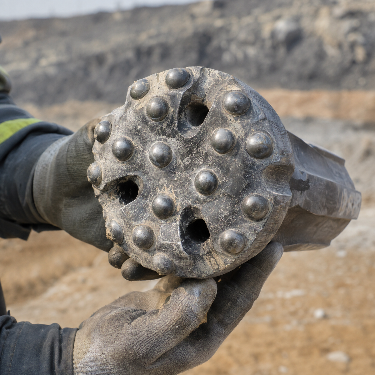 Technician inspecting steel-body erosion on a worn DTH button bit