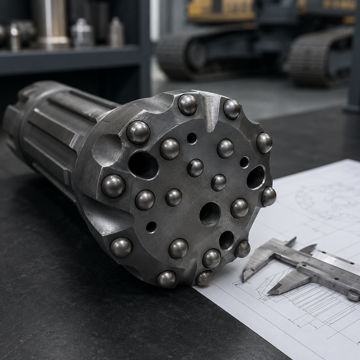 DTH drill bit face with gauge and inner carbide button layout on an inspection bench