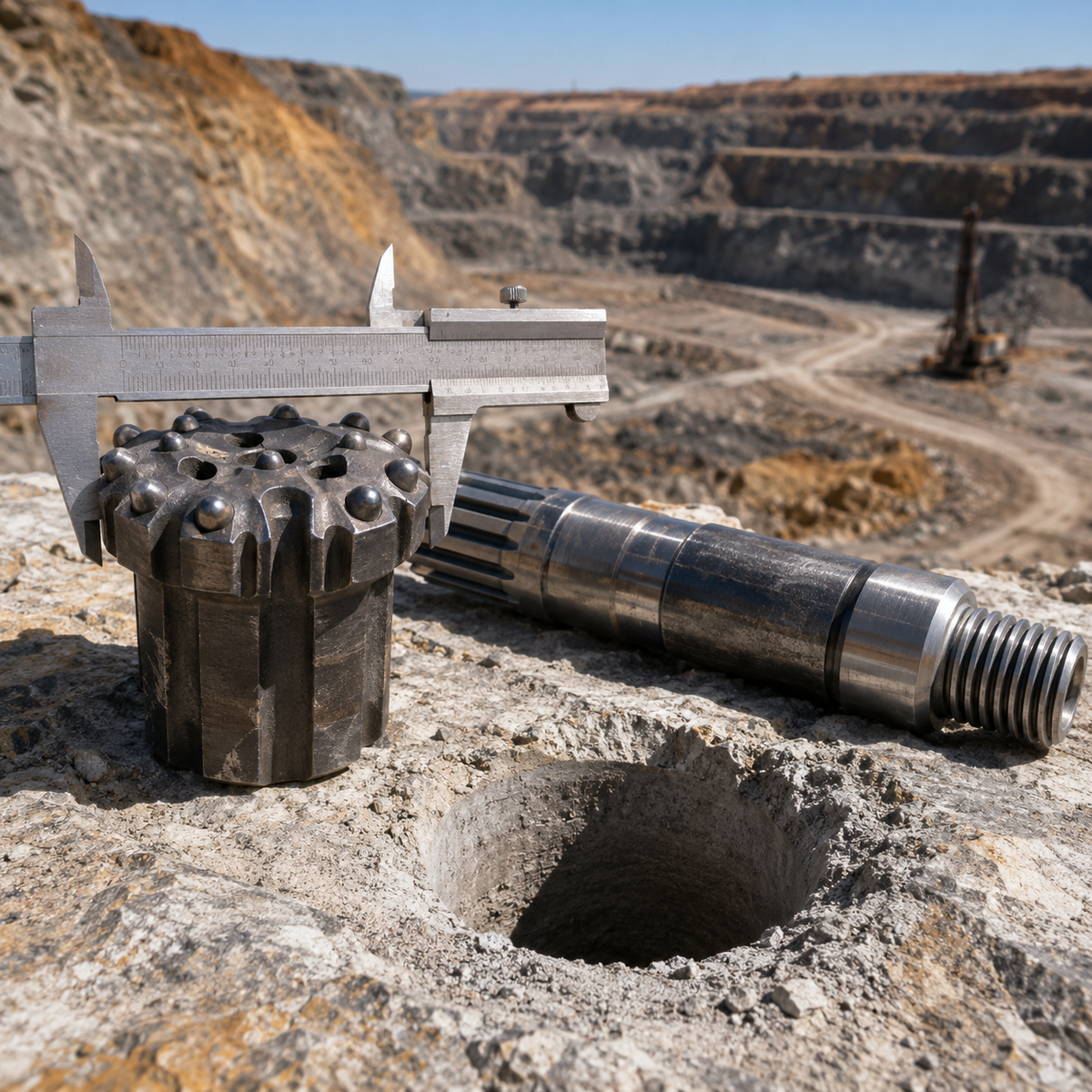 DTH bit gauge measured beside a finished borehole in a quarry