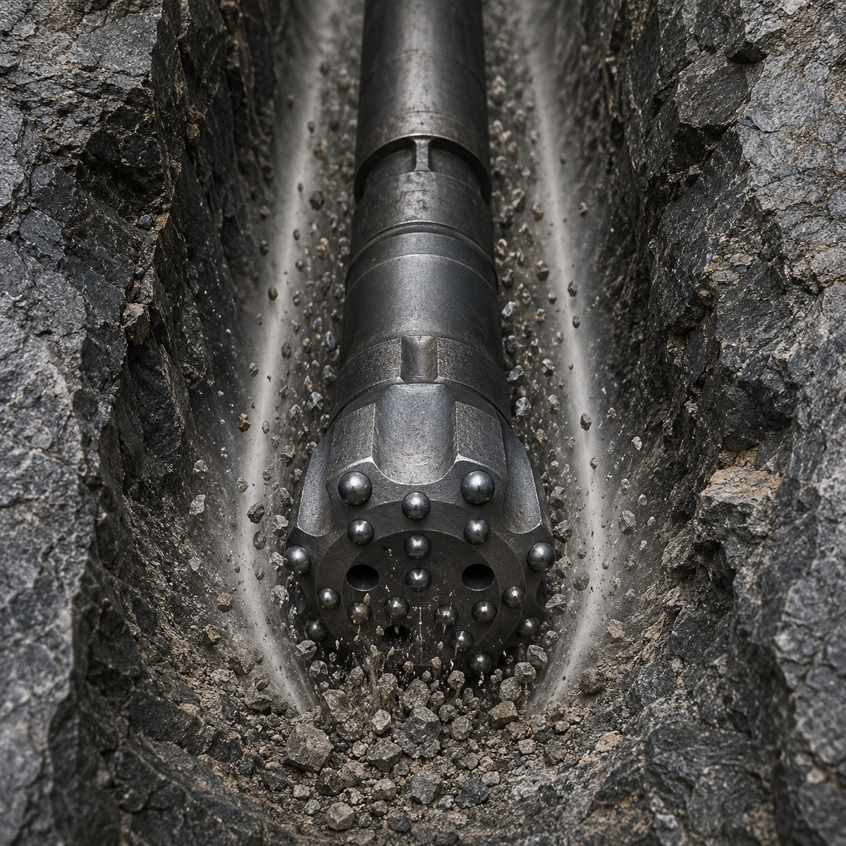 DTH button bit flushing rock cuttings from the bottom of a borehole