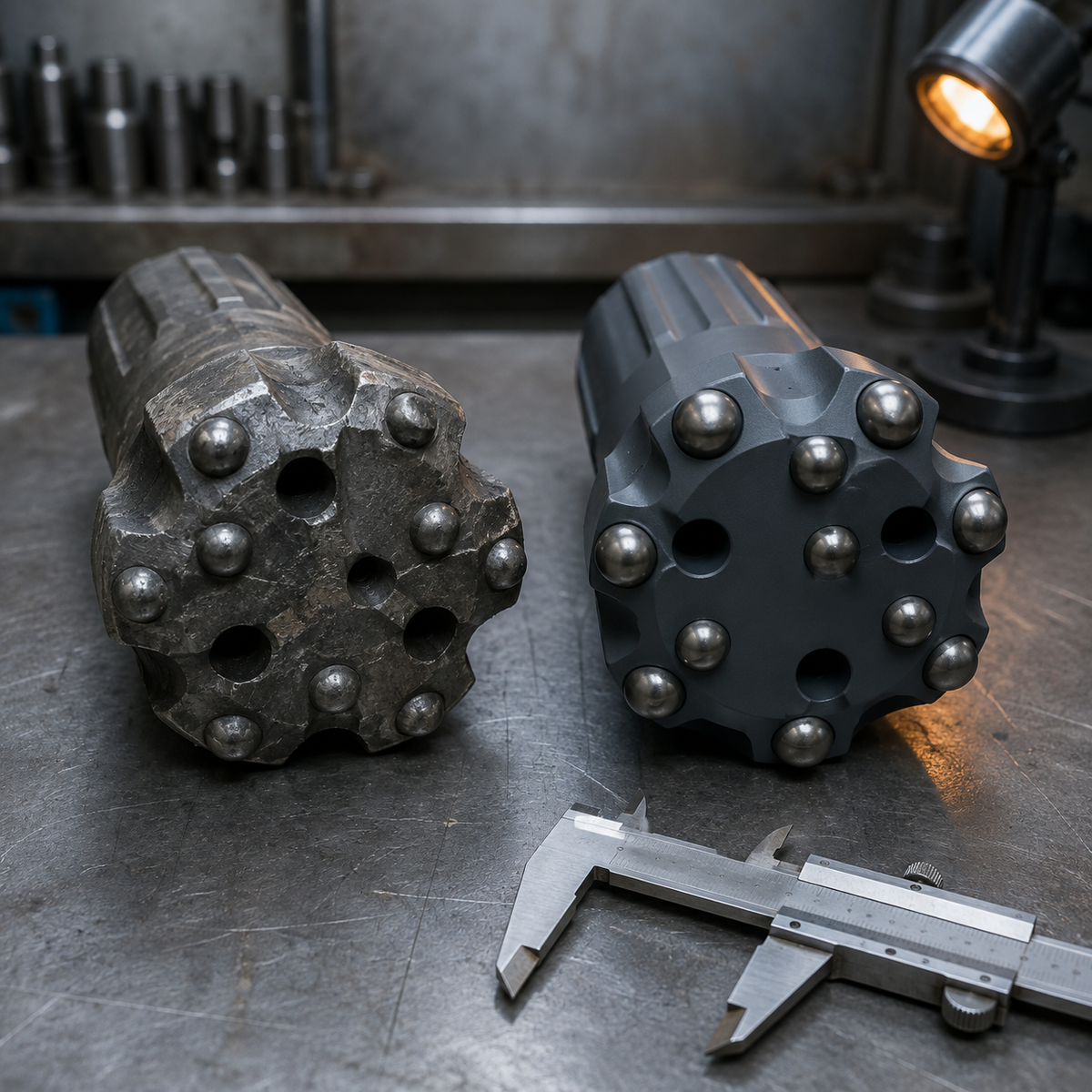 Worn and new DTH button bits compared on an inspection bench