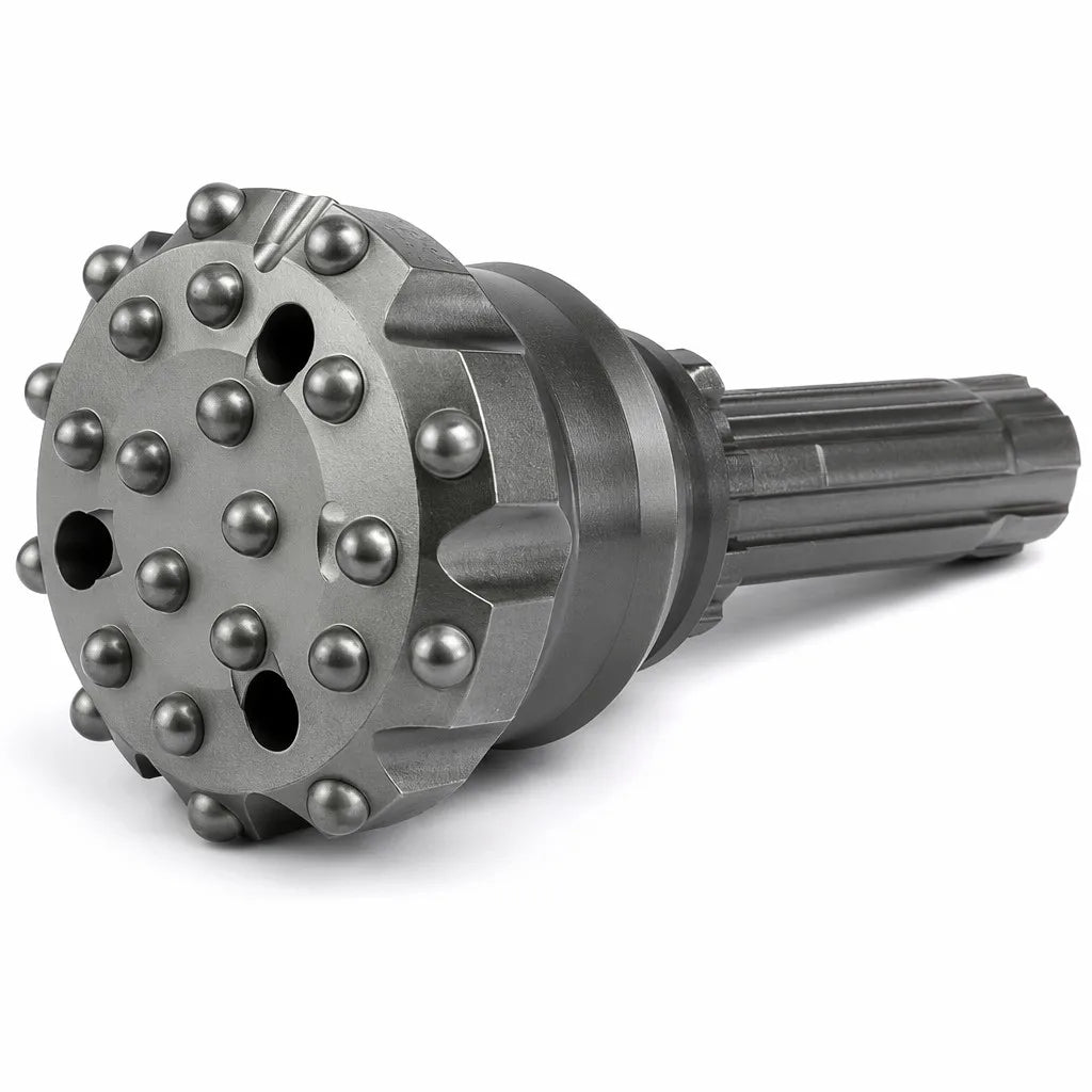 DTH drill bit face and shank for flushing and cuttings-removal selection