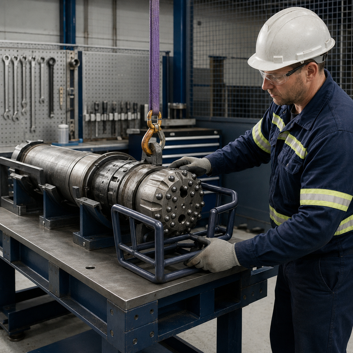 Technician changing a DTH drill bit with the hammer and bit supported on a service bench