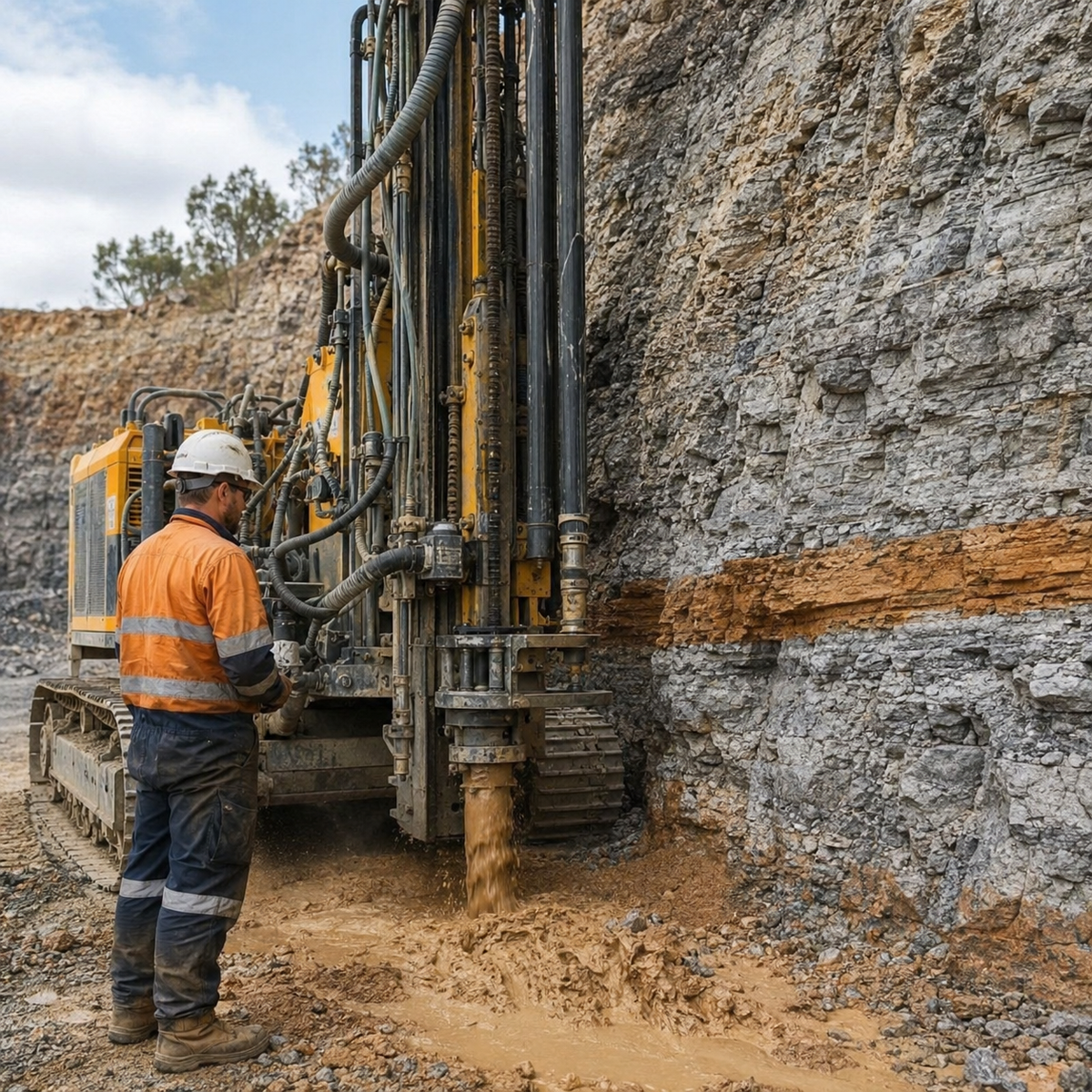 DTH drill rig crossing a clay seam within consolidated ground while the operator monitors cuttings return