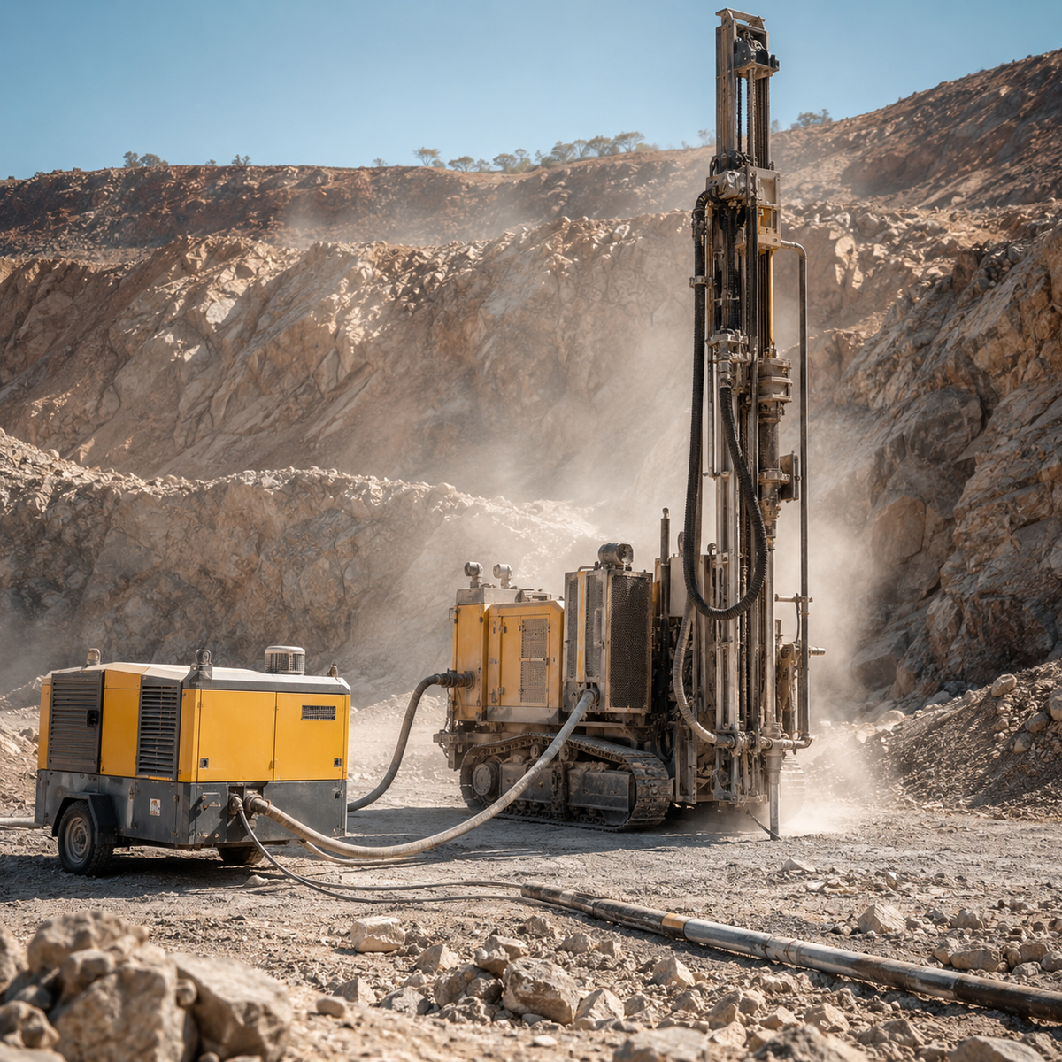DTH drilling rig and portable compressor working in a hot dusty quarry