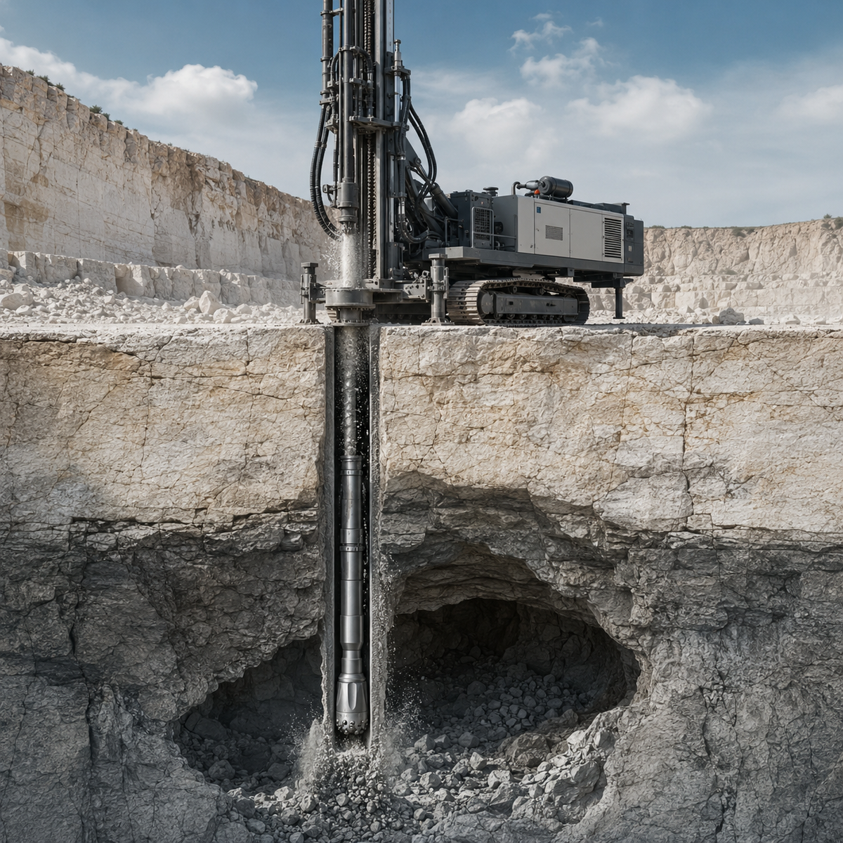 DTH drilling rig and borehole cutaway through karst limestone cavities
