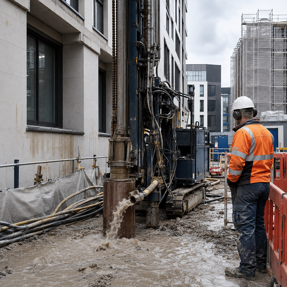 DTH drilling rig operating beside an existing building with controlled casing return