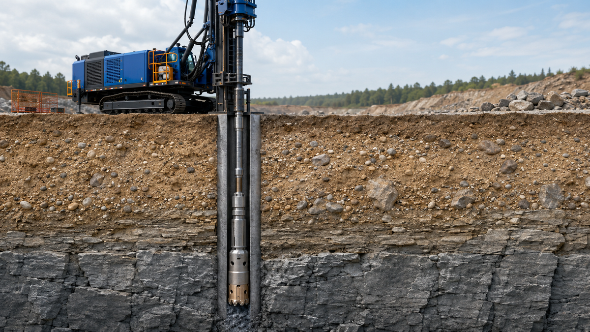 DTH drilling rig advancing casing through loose overburden toward competent bedrock