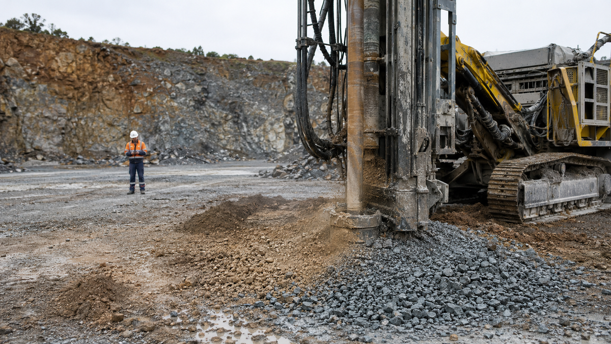 DTH drilling rig working at a weathered-rock collar with changing cuttings