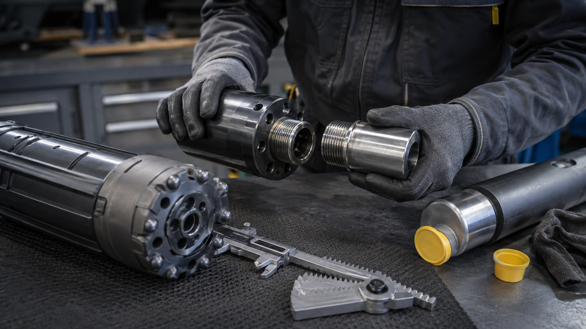 Technician comparing a DTH hammer backhead connection with a drill-pipe thread before assembly
