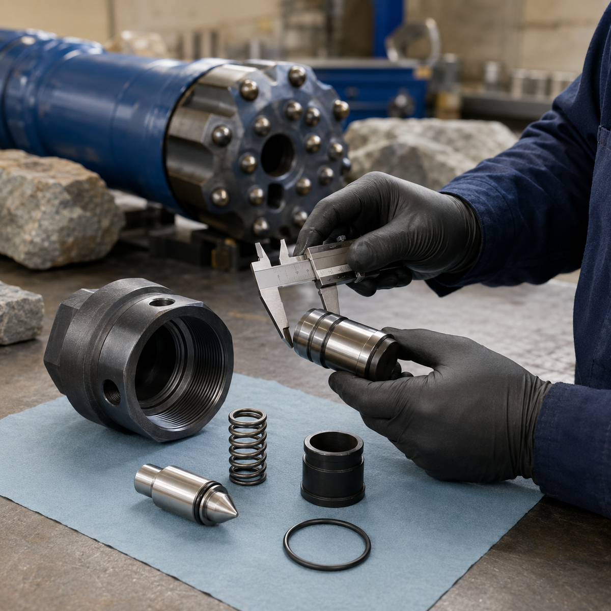 Technician measuring a DTH hammer check valve beside its spring, guide and backhead
