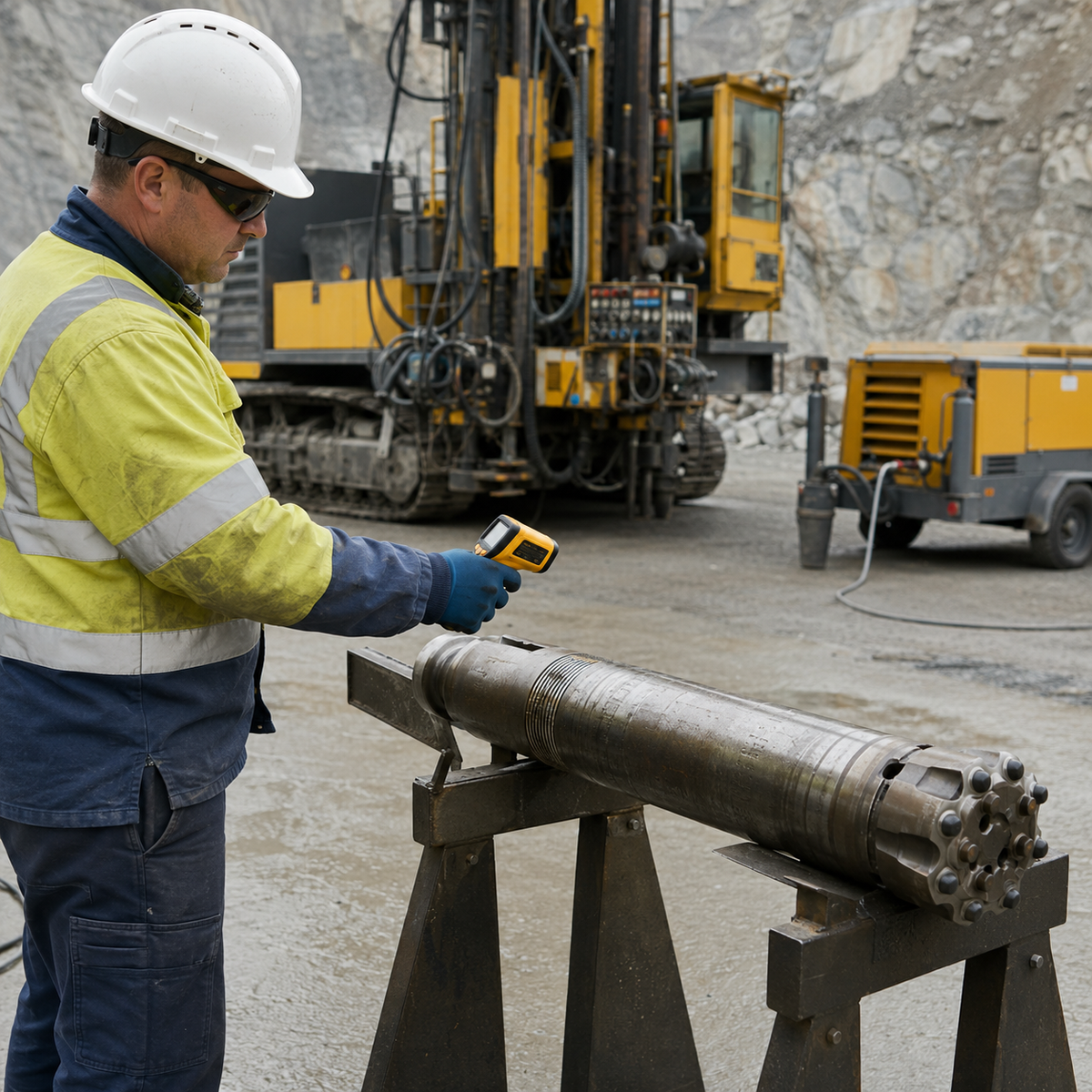 Technician checking the temperature of a removed DTH hammer with an infrared thermometer