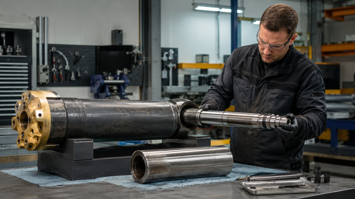 Technician inspecting a DTH hammer piston after a suspected seizure in a clean service workshop