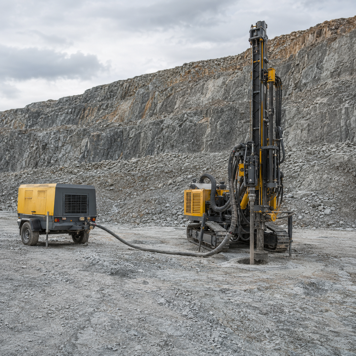DTH drill rig connected to a portable air compressor on a quarry bench