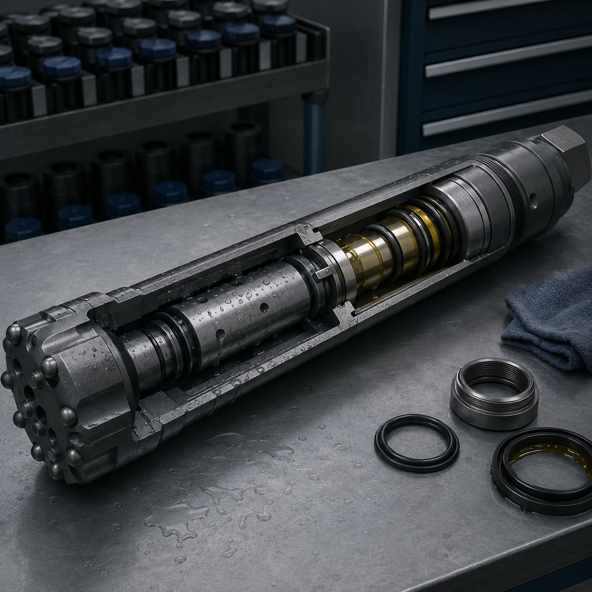 Cutaway DTH hammer showing residual moisture and protective oil film before storage