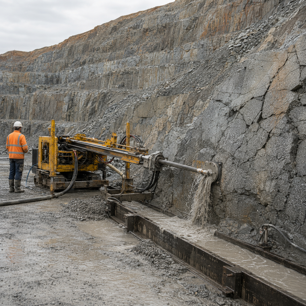 DTH rig drilling a near-horizontal drain hole into a fractured quarry rock slope