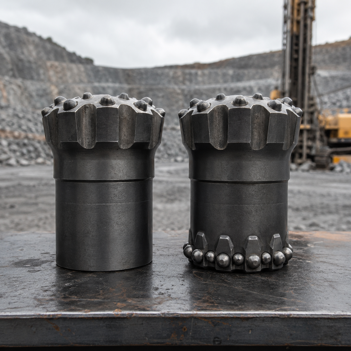 Standard and retrac-style DTH drill bits compared on a quarry inspection bench