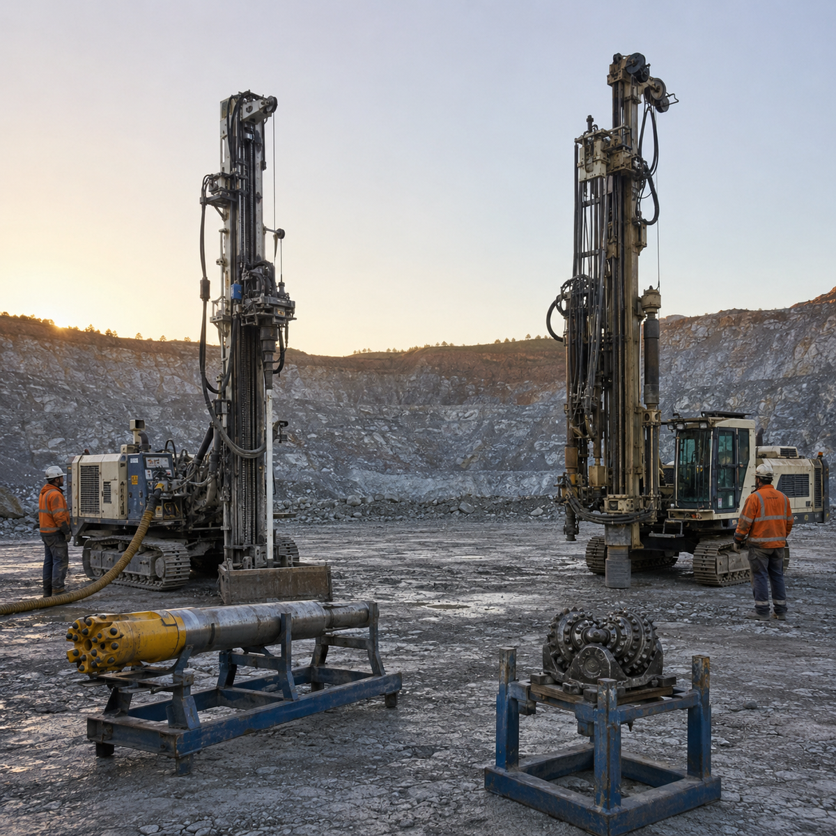 DTH and rotary blasthole drilling rigs staged side by side in a hard-rock quarry