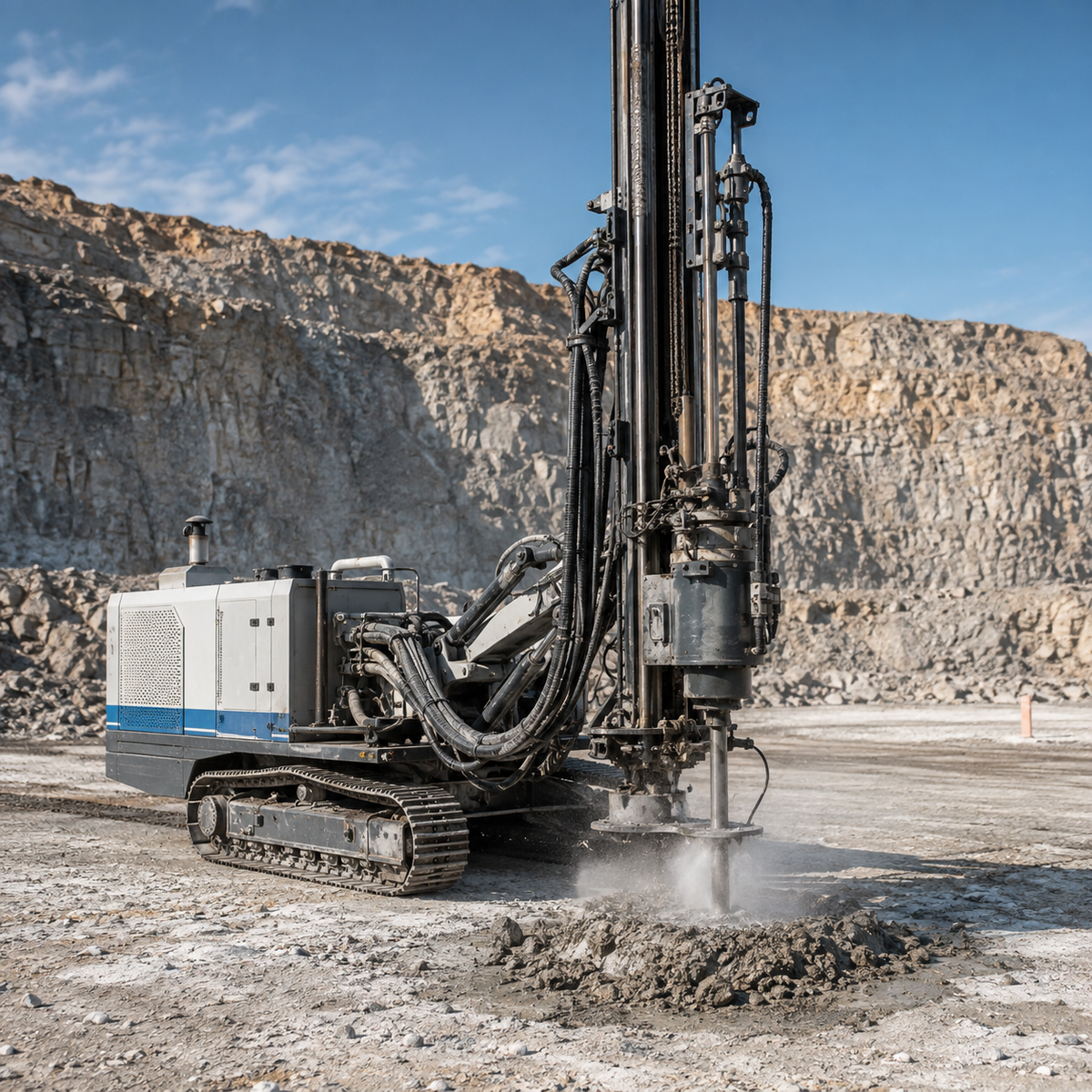DTH drill rig using controlled water mist to suppress dust at a quarry borehole