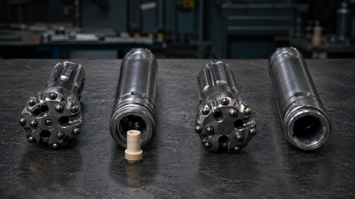 Foot-valved and tubeless DTH hammer and bit assemblies compared on a workshop bench