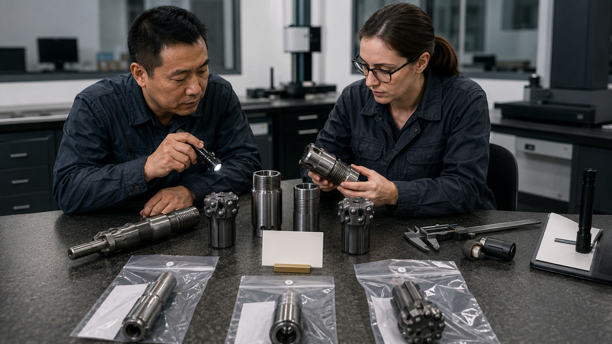 Procurement and quality inspectors comparing approved reference samples with rock drilling tool production samples