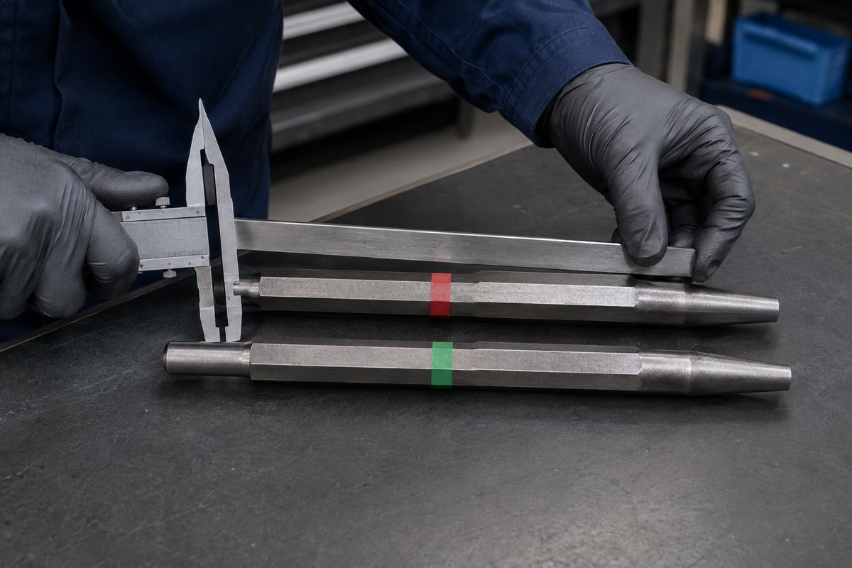 Technician measuring and comparing two identified H22 tapered drill rod samples before a field trial
