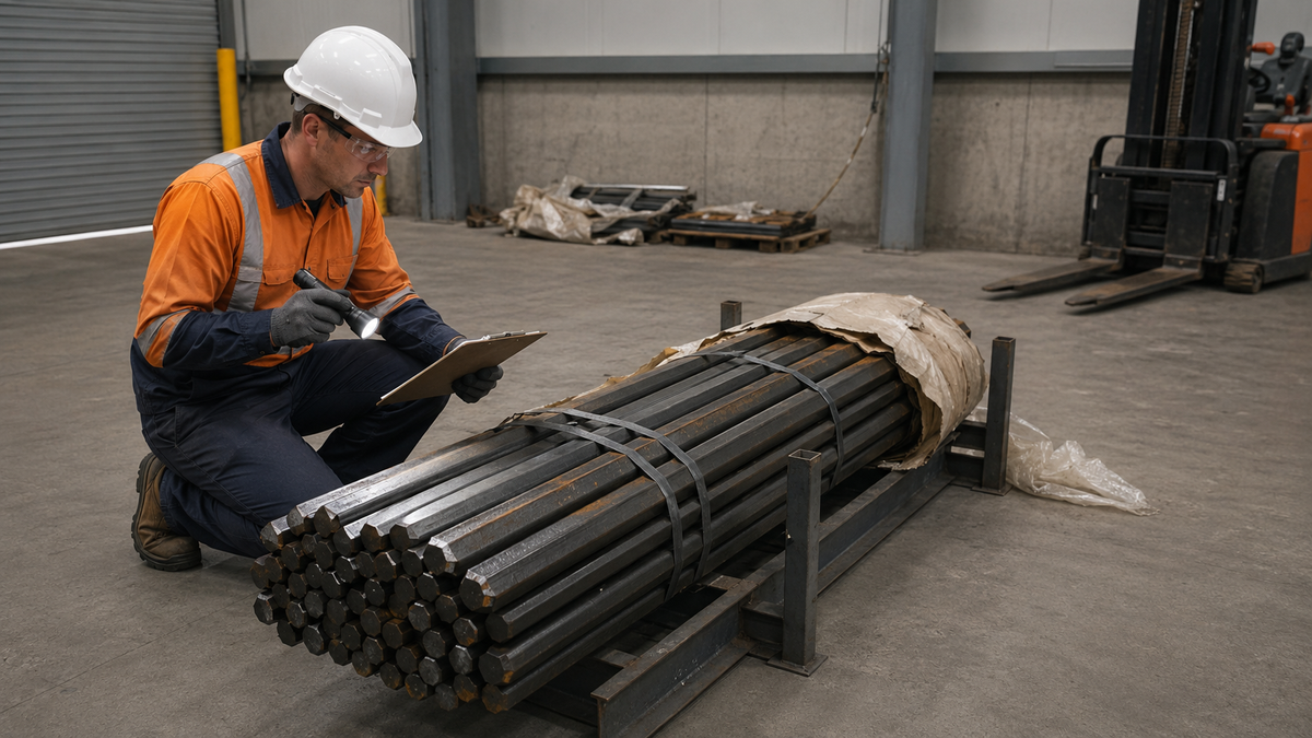 Inspector checking a received bundle of H22 tapered drill rods for surface rust and packaging moisture
