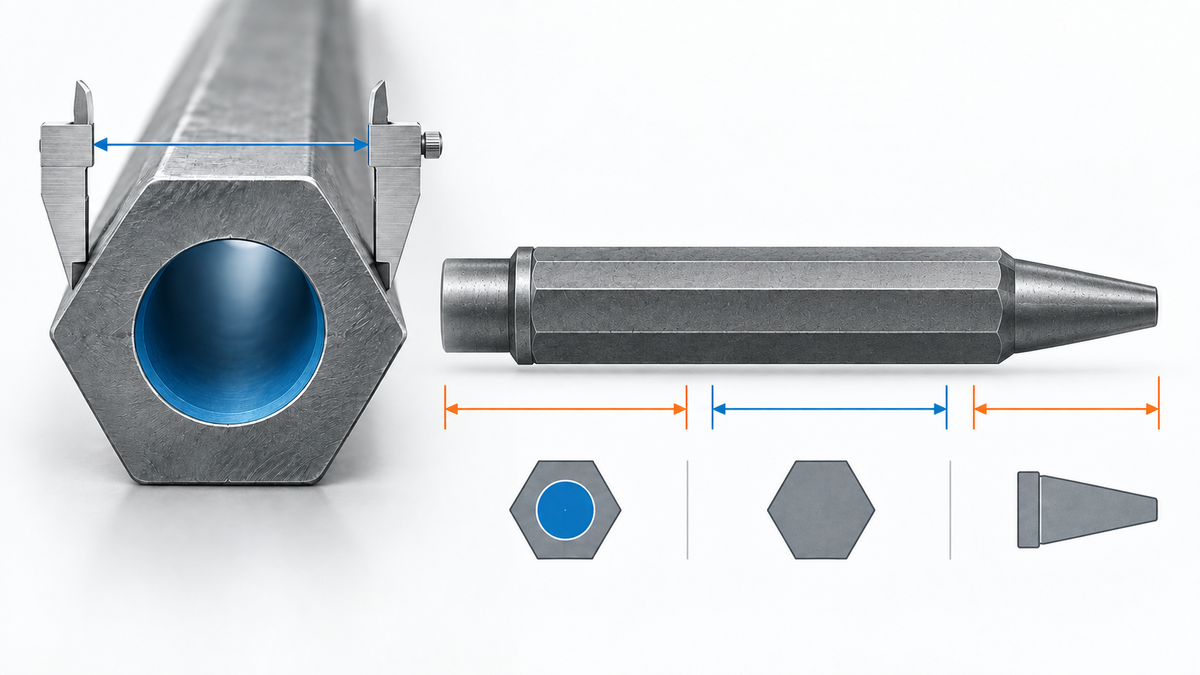 H22 hollow hexagonal drill steel cross-section measured across opposite flat faces