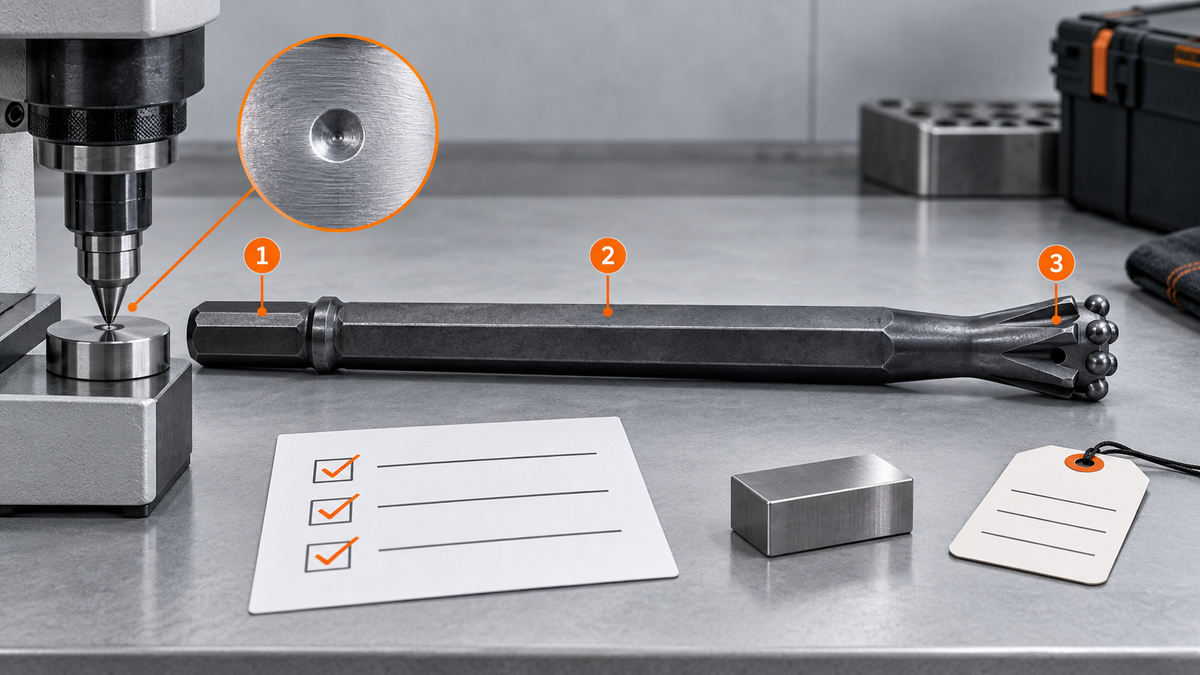 Illustrative H22 drill steel hardness verification with inspection zones, indentation test, calibration block and certificate checklist