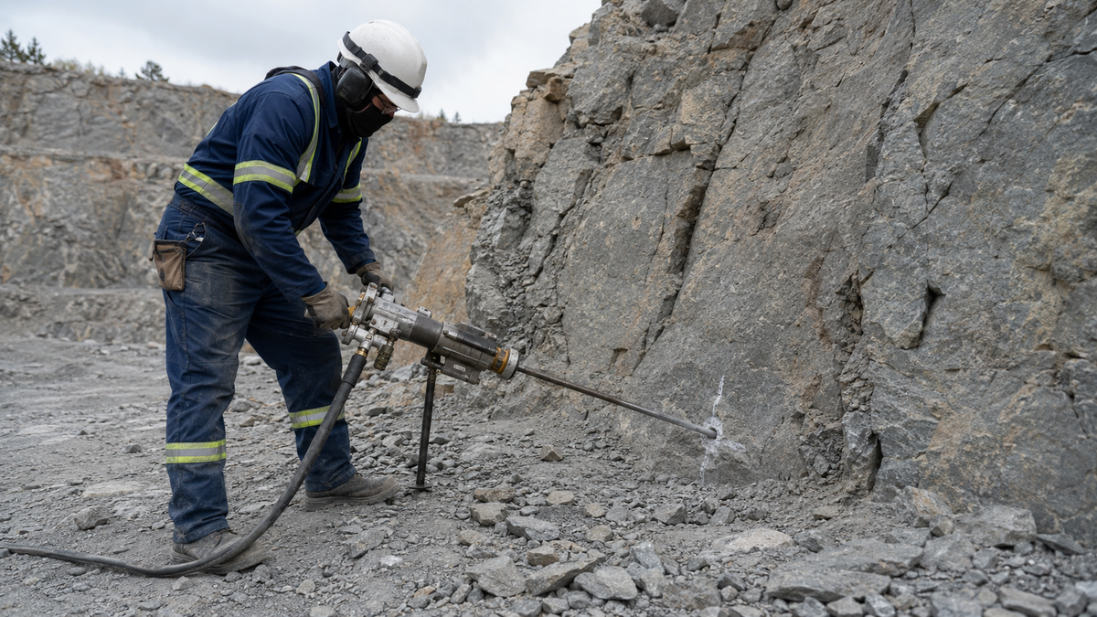 Operator aligning an H22 tapered pneumatic rock drill against a fractured quarry rock face